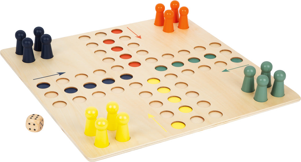 Ludo XL-Brettspiel aus Holz mit bunten Stiften und einem Würfel, inspiriert vom klassischen Ludo oder Parcheesi, dargestellt auf einem schlichten Hintergrund.