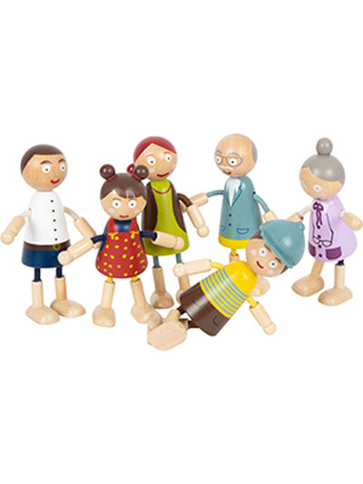 Das Set „Biegepüppchen Familie“ umfasst sechs Puppenfiguren aus Holz, Erwachsene und Kinder, alle mit beweglichen Armen und Beinen.