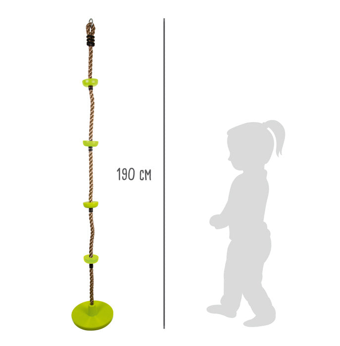 Tellerschaukel mit Kletterseil, 190 cm hoch, mit grünen Stufen – abgebildet neben dem Kinderschatten zum Größenvergleich.