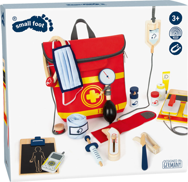Notarztrucksack: Spielzeug-Medizinset für Kinder ab 3 Jahren, enthält eine rote Tasche, Maske, Verbandsmaterial, Werkzeuge und Zubehör.