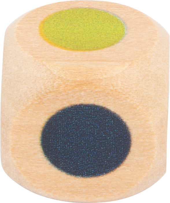 Ein Farben-Memo-Holzwürfel mit einem grünen Punkt oben und einem schwarzen Punkt auf der Vorderseite.