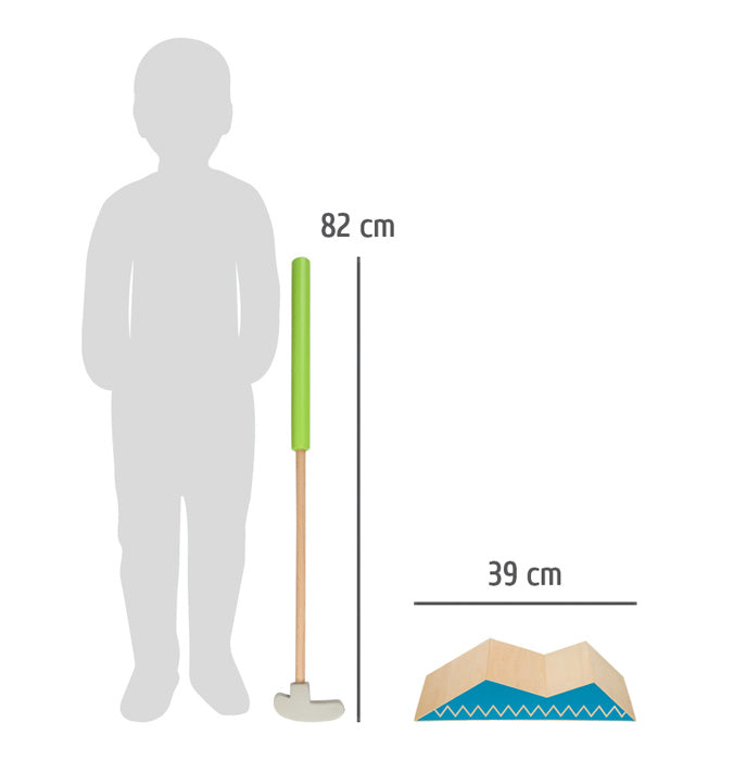 Graue Kindersilhouette mit Minigolf-Set „Active“, inklusive 82 cm langem Schläger mit grünem Griff und 39 cm breiter Zickzack-Holzrampe als Maßstab.