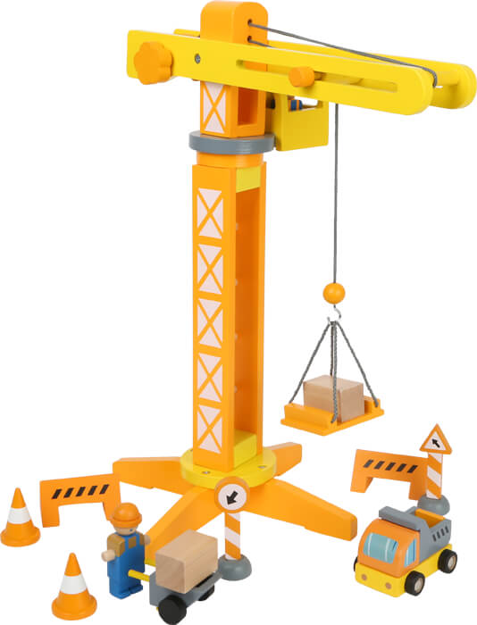 Baukran mit Baustellenzubehör: Set mit orangem Kran, Arbeiterfiguren, Leitkegeln, Absperrungen und einem Spielzeug-LKW mit Kiste.