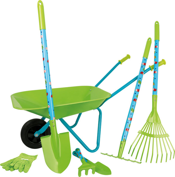 Großes Gartenset mit Schubkarre für Kinder: Enthält grüne Schubkarre, Handschuhe, Schaufel, Rechen, Handrechen und Kelle.