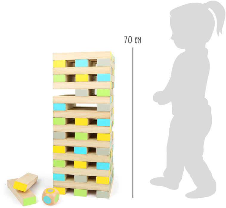 Das Wackelturm XXL „Active“ Holzklötzchen-Stapelspiel ist 70 cm groß und zum Größenvergleich mit einer Kindersilhouette abgebildet.