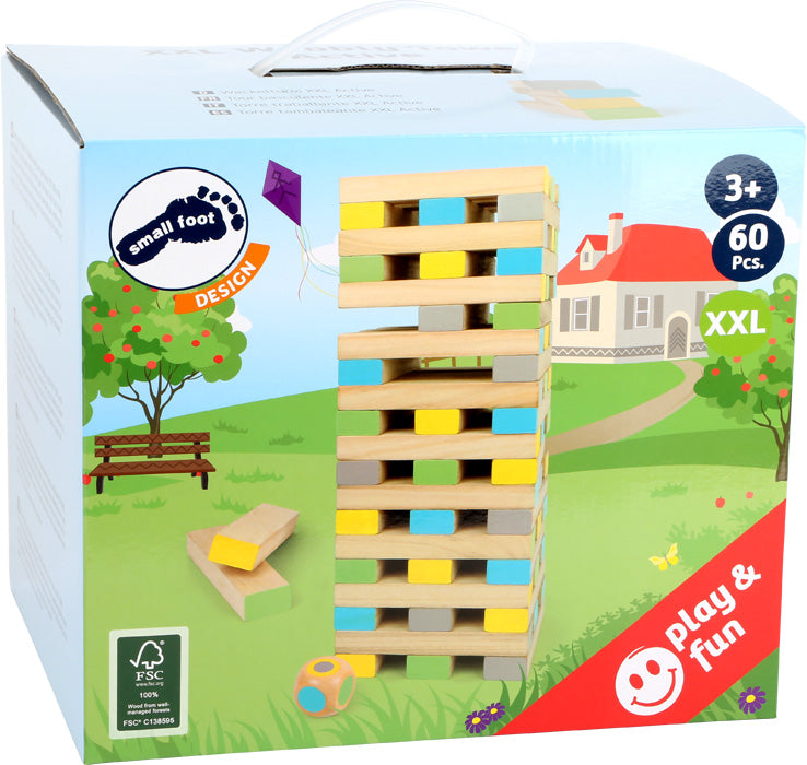 Box Wackelturm XXL „Active“, ein farbenfrohes Holzklötzchen-Stapelspiel für Kinder ab 3 Jahren, beinhaltet 60 Teile.