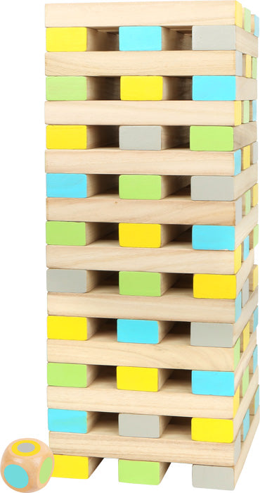 Der Wackelturm XXL „Active“ ist ein gestapeltes Turmspiel aus Holz mit farbigen Bausteinen und passendem Würfel.