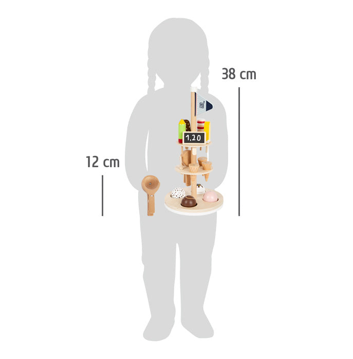 Silhouette eines Kindes, das den Eisständer „fresh“ hält, der 38 cm hoch und 12 cm breit ist.
