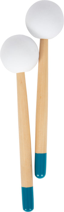 Trommel „Groovy Beats“ beinhaltet zwei Percussion-Schlägel mit Holzgriffen, weißen Filzköpfen und blaugrünen Spitzen.