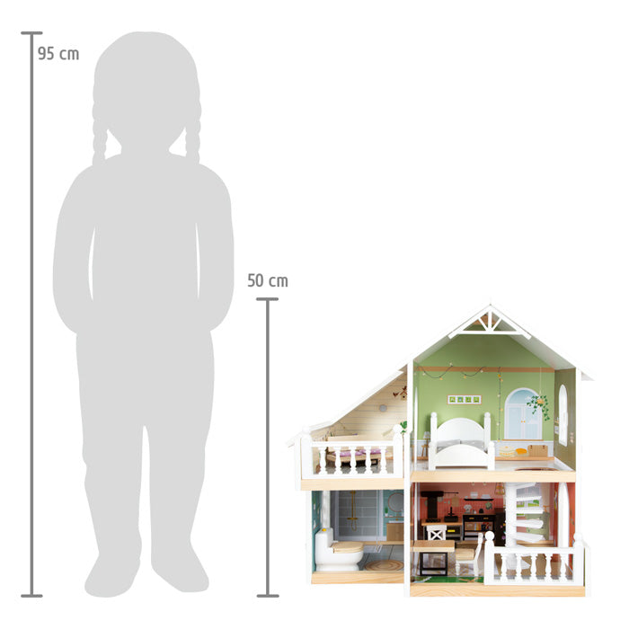 Das Puppenhaus mit Dachterrasse ist etwa 50 cm hoch und wird zum Größenvergleich neben einer 95 cm großen Kindersilhouette gezeigt.