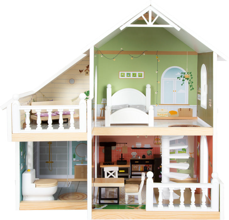 Das Puppenhaus mit Dachterrasse verfügt über möblierte Räume wie Schlafzimmer, Küche, Bad und beinhaltet eine charmante Wendeltreppe.