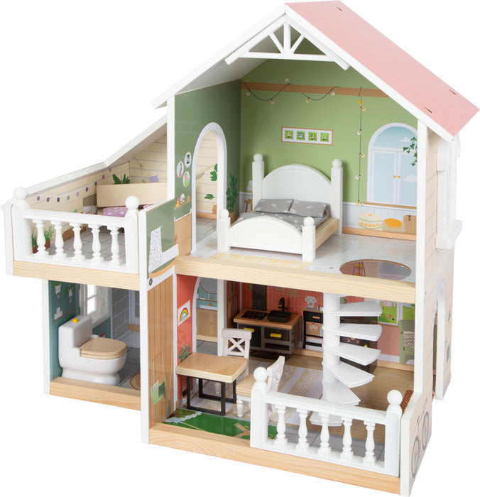 Puppenhaus mit Dachterrasse, komplett eingerichtet mit Schlafzimmern, Badezimmer, Küche und Wendeltreppe.