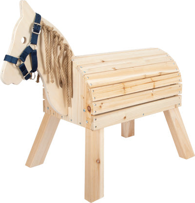 Das Holzpferd kompakt ist ein Spielzeugpferd aus Holz mit Seilmähne und blauem Halfter, perfekt für Kinder zum Sitzen oder Spielen.