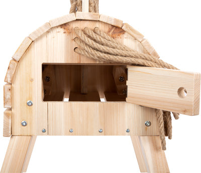 Holzpferd kompakt mit Seilen, offenem Seitenfach und sichtbaren Schrauben an den Beinen.