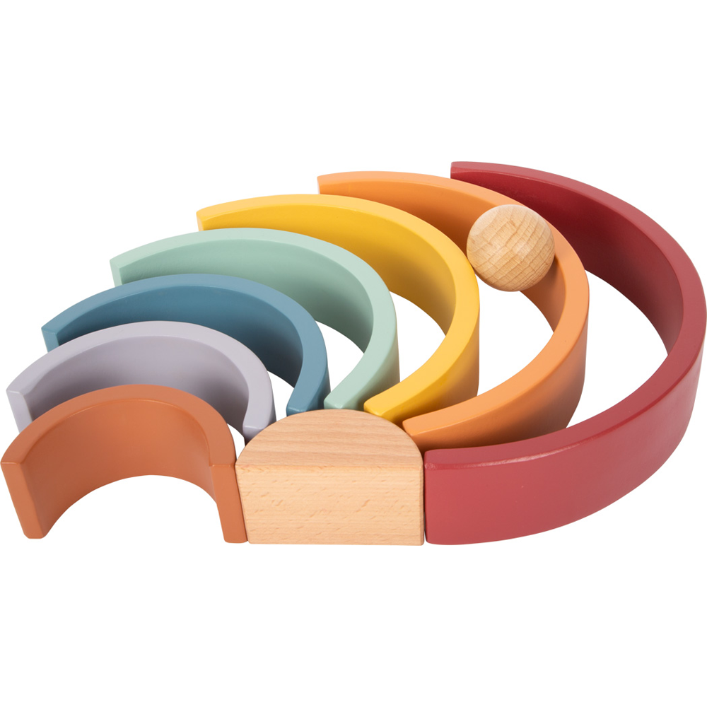 Die Holzbausteine Regenbogen „Safari“ sind ein farbenfrohes Regenbogen-Stapelspielzeug aus Holz mit sechs Bögen, einem Holzklotz und einer Holzkugel auf weißem Untergrund.