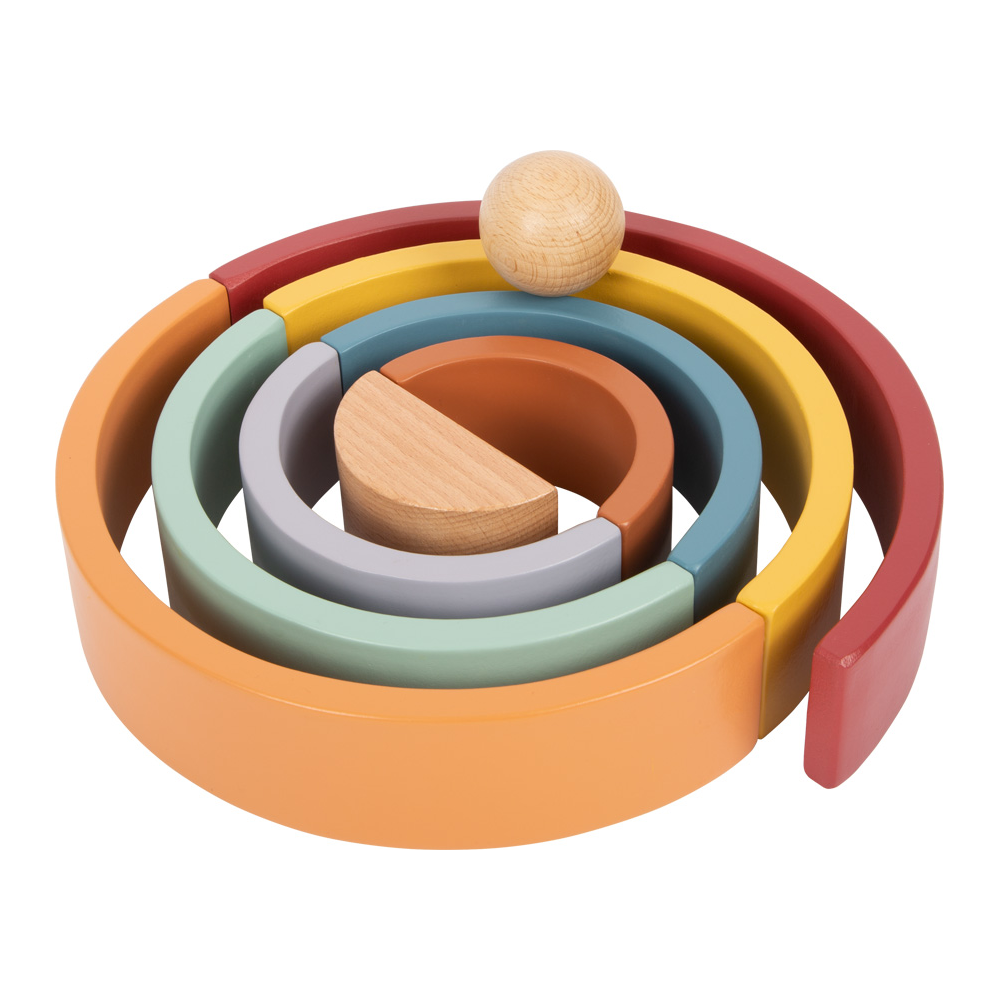 Die Holzbausteine Regenbogen „Safari“ sind ein farbenfrohes Stapelspielzeug aus Holz mit in konzentrischen Kreisen angeordneten Halbkreisbögen und einer Kugel.
