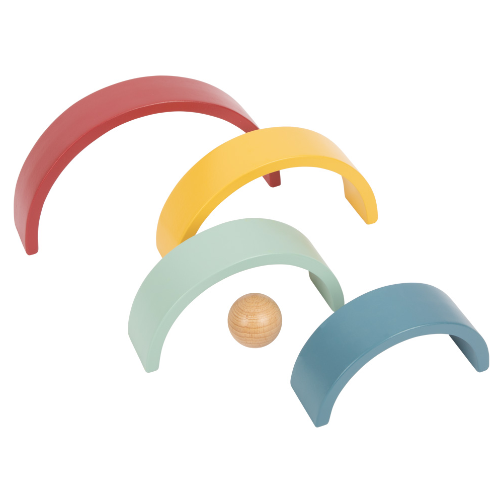 Das Holzbausteine Regenbogen Set „Safari“ besteht aus vier bunten Holzbögen und einer Holzkugel, angeordnet auf weißem Untergrund.