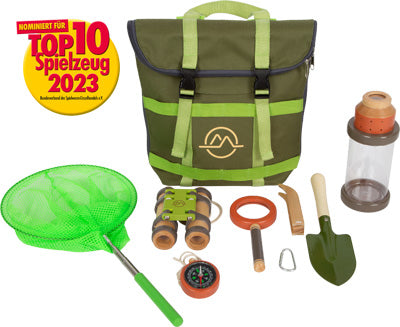 Der Entdeckerrucksack „Discover“ ist ein Outdoor-Abenteuerset für Kinder mit Rucksack, Netz, Fernglas, Schaufel, Kompass, Lupe, Einmachglas und Werkzeug.