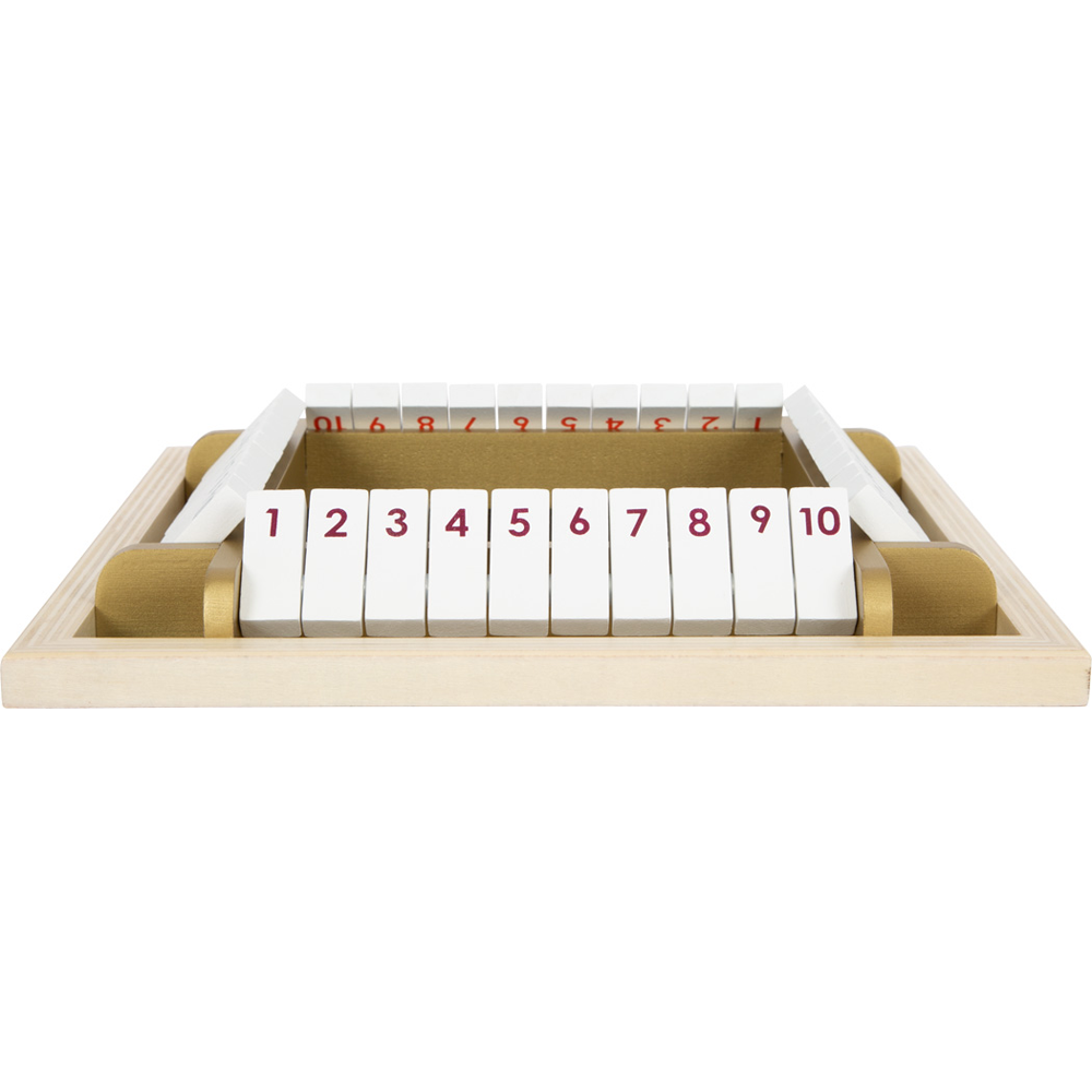 Das Würfelspiel Shut the Box „Gold Edition“ ist ein hölzernes Mathematikspielbrett mit in einer Reihe angeordneten, nummerierten Spielsteinen von 1 bis 10.