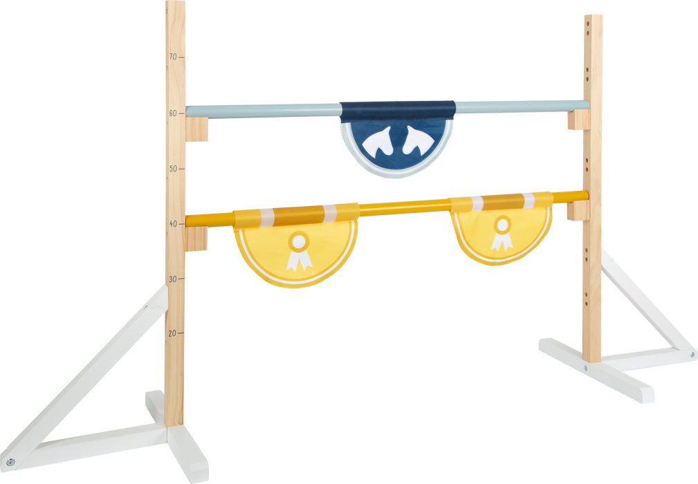 Das „Hindernis für Kinder“ ist ein verstellbares Hürdensprungbrett aus Holz mit blauen und gelben Stoffplatten, ideal zum Spielen oder Trainieren für Kinder.