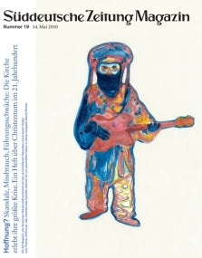 Abstraktes Gemälde einer Person in farbenfroher Kleidung, die auf der Titelseite des Süddeutsche Zeitung Magazins eine Gitarre spielt.