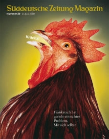 Nahaufnahme eines krähenden Hahns mit "Krächtz" in einer Sprechblase auf einem Zeitschriftencover.