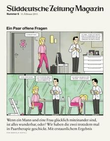 Ein Titelbild im Comic-Stil, das einen Mann und eine Frau zeigt, die sich unbeholfen in einer Büroumgebung unterhalten, mit deutschem Text darüber und darunter.