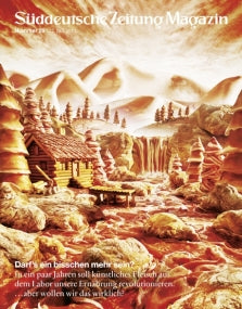 Eine Hütte und Bäume aus künstlichem Fleisch in einer surrealen, rötlichen Landschaft; Süddeutsche Zeitung Magazin Cover.