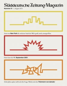 Drei Rechtecke: Das erste zeigt die Skyline von New York, das zweite eine Explosion, das dritte eine zerklüftete, zerbrochene Skyline.
