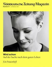 Schwarz-weißes Porträt einer Frau auf der Titelseite des Süddeutsche Zeitung Magazins, gelber Rand.