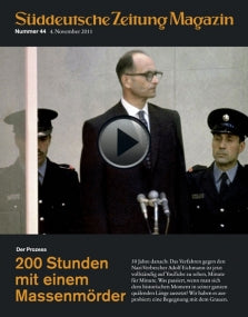 Titelseite des Süddeutsche Zeitung Magazins mit einem Schwarz-Weiß-Foto eines Mannes, der zwischen zwei uniformierten Wachleuten steht.