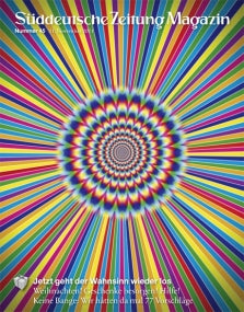 Titelseite des Süddeutsche Zeitung Magazins mit einem farbenfrohen, strahlenden, spiralförmigen optischen Täuschungsmuster.