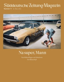Auf dem Titelbild des Süddeutsche Zeitung Magazins kniet eine Frau neben einem Mann, der ein goldenes Auto repariert.
