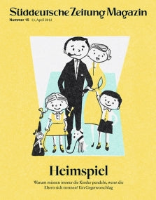 Illustration einer lächelnden vierköpfigen Familie, die zusammen auf einem gelben und blauen Hintergrund posiert, Titelbild des Süddeutsche Zeitung Magazins.