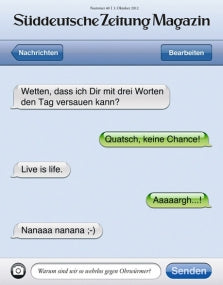 Ein gefälschter Text-Chat, der Liedtexte zitiert, mit einer Überschrift des Süddeutsche Zeitung Magazins am Anfang.
