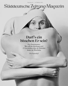 Schwarz-Weiß-Titelbild einer Zeitschrift, das zwei sich umarmende Personen zeigt, mit Text in deutscher Sprache über dem Bild.