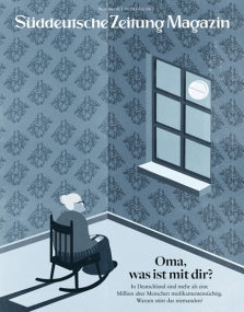 Ältere Frau sitzt allein in einem Schaukelstuhl am Fenster in einem schummrigen, gemusterten Raum; Titeltext in Deutsch.