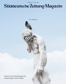 Eine Taube sitzt auf dem Kopf einer Marmorstatue, die vor einem blauen Himmel ihr Gesicht verzieht.