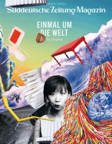 Surreales Magazin-Cover mit einem Frauengesicht, schwebenden Objekten, bunten Wellen und einem Erdglobus.