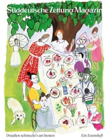 Illustration von Menschen, die im Freien an einem langen Tisch unter einem Baum speisen, mit Essen, Getränken und einem Hund in der Nähe.