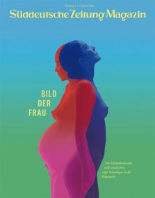 Eine doppelt belichtete Silhouette einer schwangeren Frau auf blauem Hintergrund, mit deutschem Text überlagert.