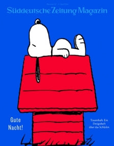 Snoopy liegt auf seiner roten Hundehütte vor einem blauen Hintergrund mit deutschem Text oben und an der Seite.