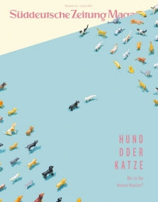 Spielzeughunde und -katzen laufen in entgegengesetzte Richtungen auf blauem und beigem Hintergrund; deutscher Text oben und rechts.