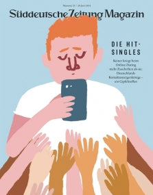 Illustration eines Mannes, der ein Smartphone benutzt, umgeben von vielen ausgestreckten Händen, auf einem Zeitschriftencover.