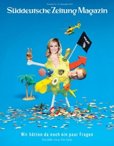 Collage-Figur aus verschiedenen Gegenständen und Gesichtern auf blauem Hintergrund, mit verspielten, surrealen Elementen und Zahlen.