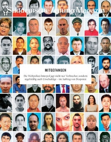 Ein Mosaik aus verschiedenen Gesichtern, männlich und weiblich, mit dem Text SZ Magazin und MITGEFANGEN auf Deutsch.