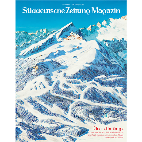 Schneebedeckte Berge mit Skipisten auf dem Cover des Süddeutsche Zeitung Magazins, Ausgabe Januar 2016.