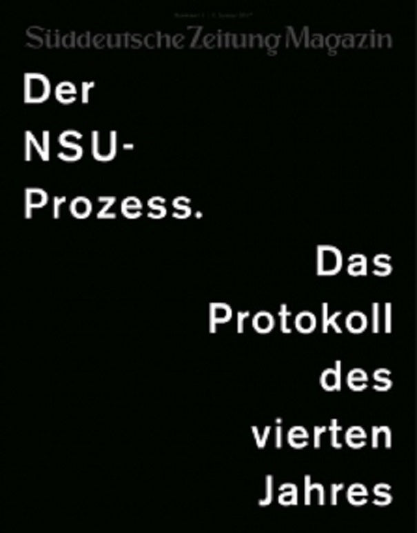 Schwarzer Umschlag mit weißem deutschen Text über den NSU-Prozess und das Protokoll des vierten Jahres.