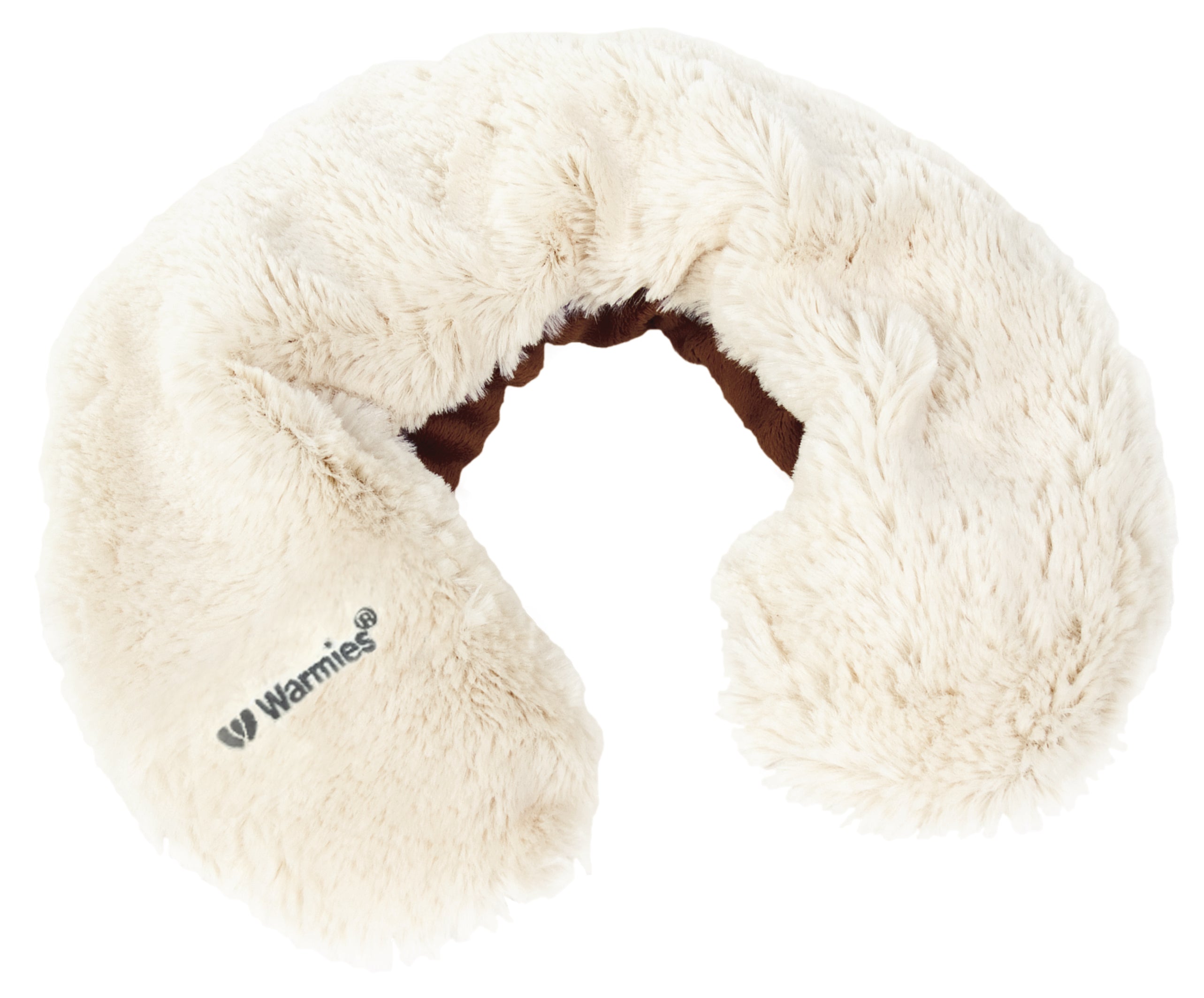 Ein flauschiges, cremefarbenes Halstuch mit Warmies-Logo in Form eines Hufeisens.