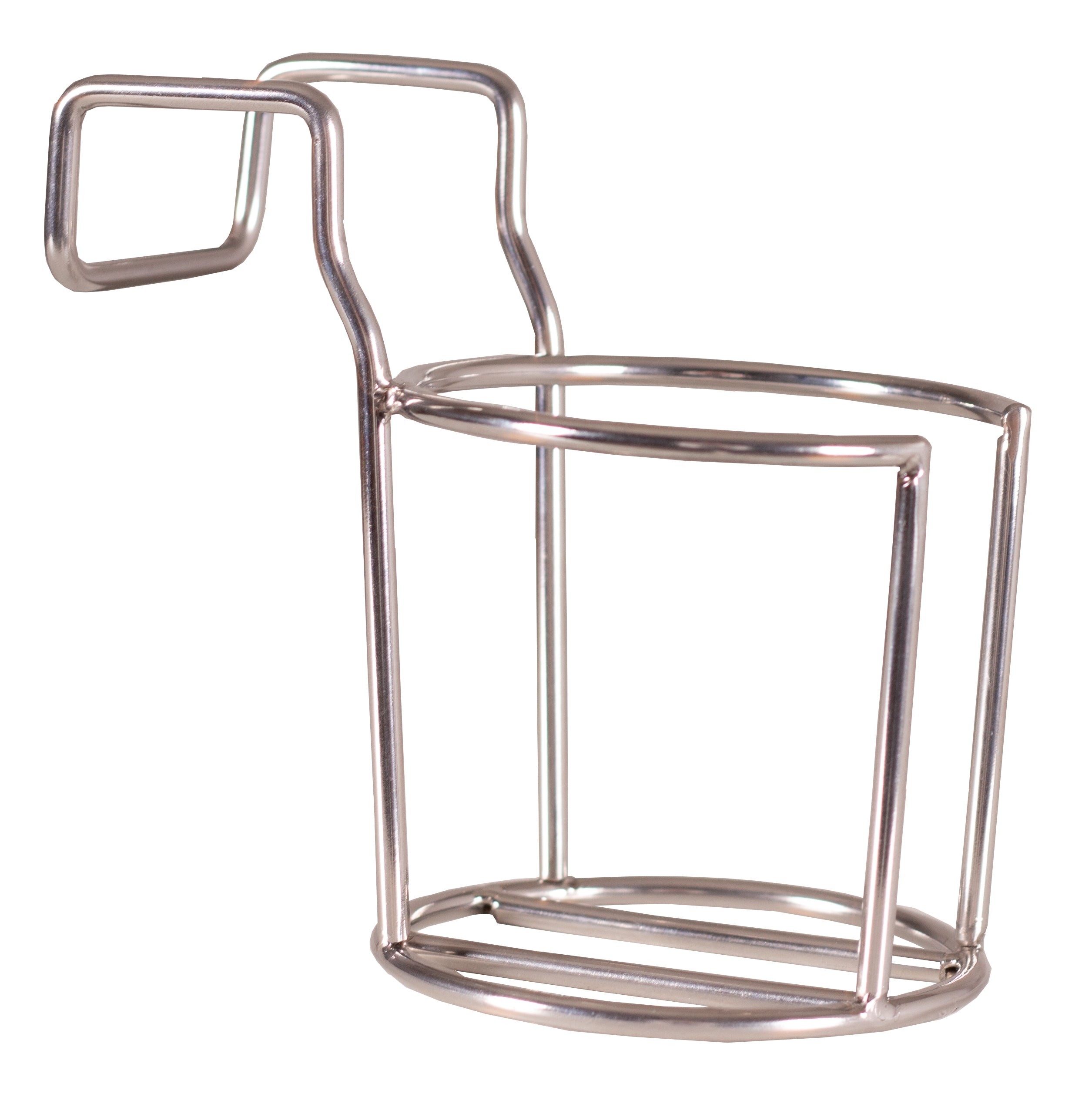Ein Halter aus Metalldraht mit runder Basis und einem Griffaufsatz.